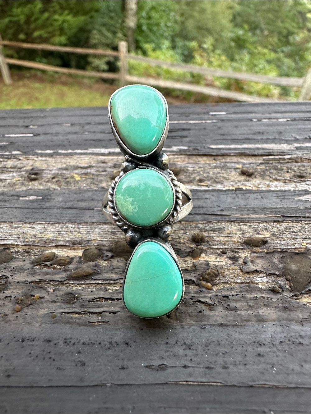 Navajo Antoinette Martinez Kingman Turquoise 3 Stone Sterling Silver Ring - Picture 2 of 4